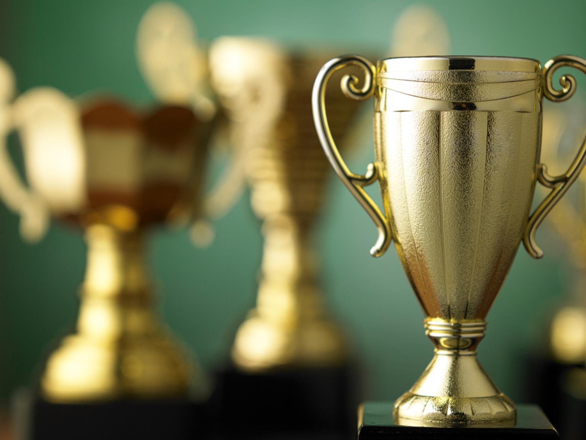 Collection of awards on green background